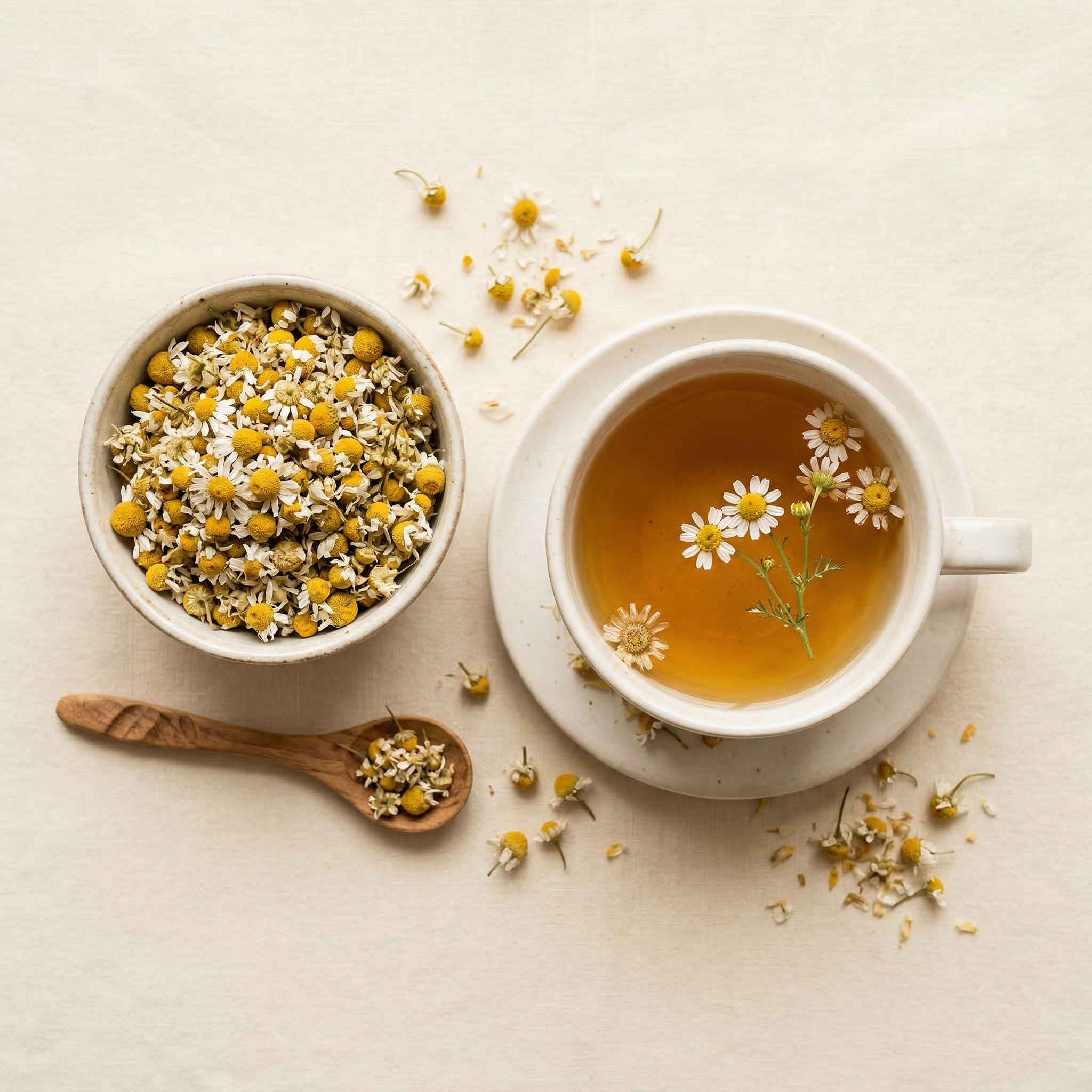 Dried chamomile flowers and chamomile tea