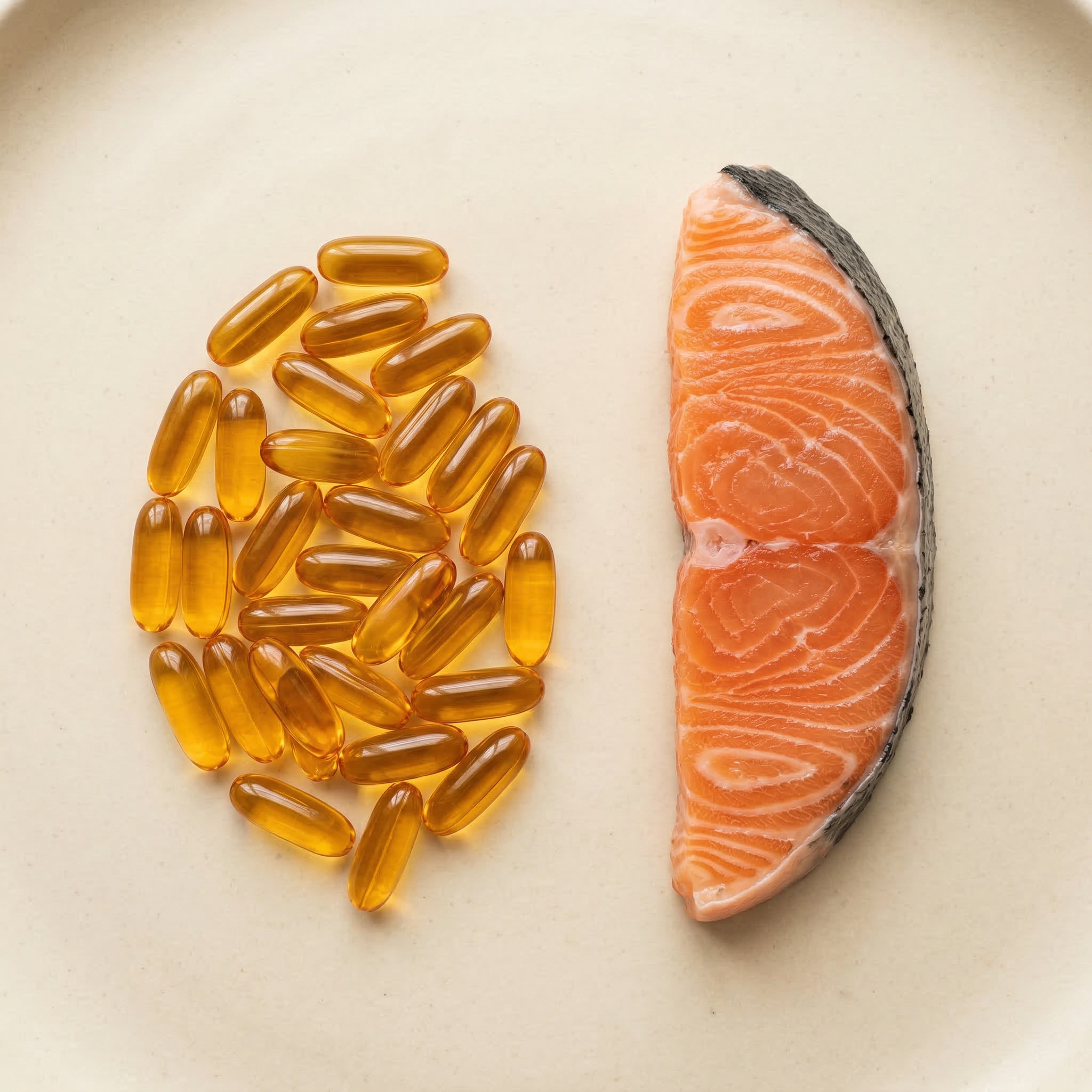 Omega-3 fish oil capsules and fresh salmon