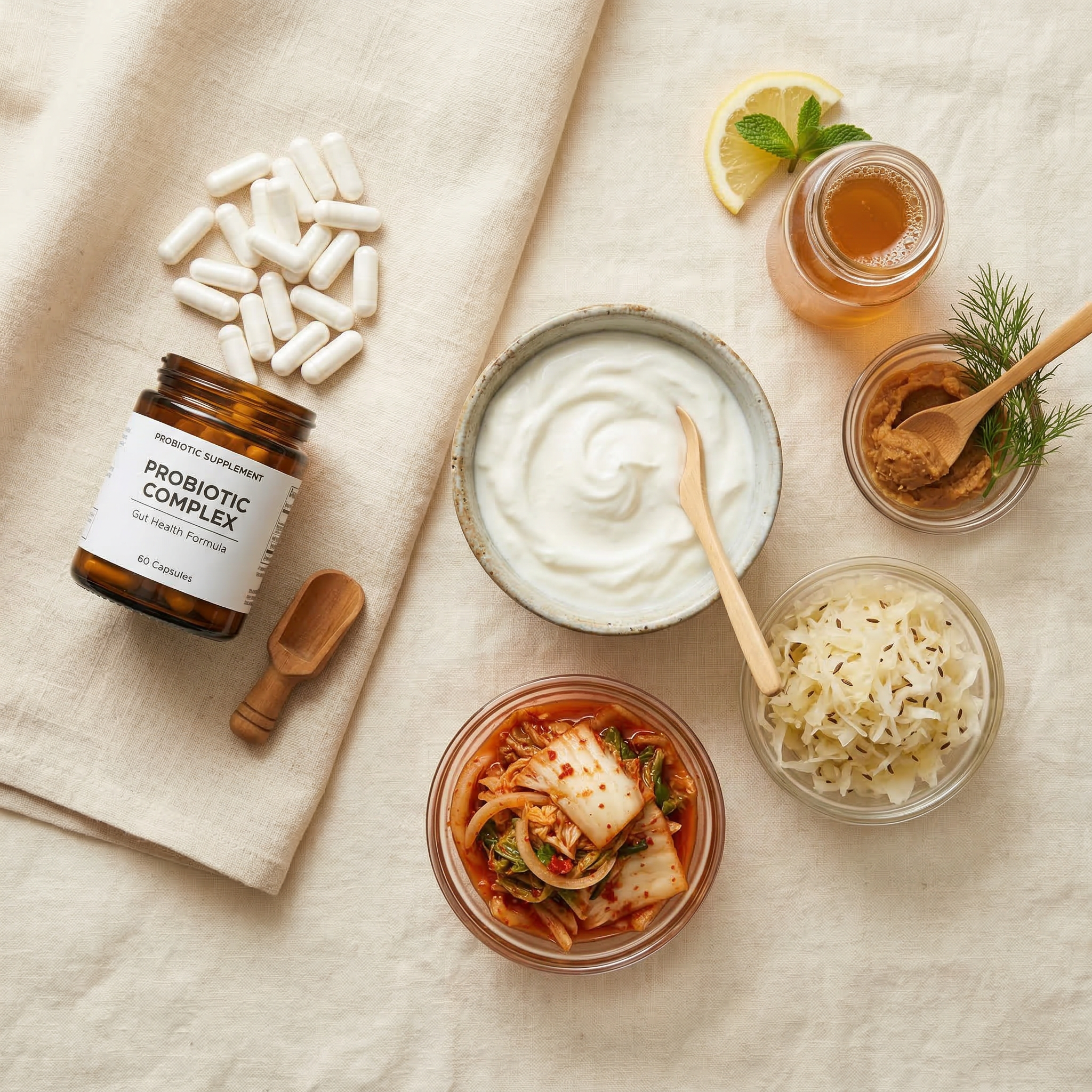 Probiotic capsules with yogurt and fermented foods
