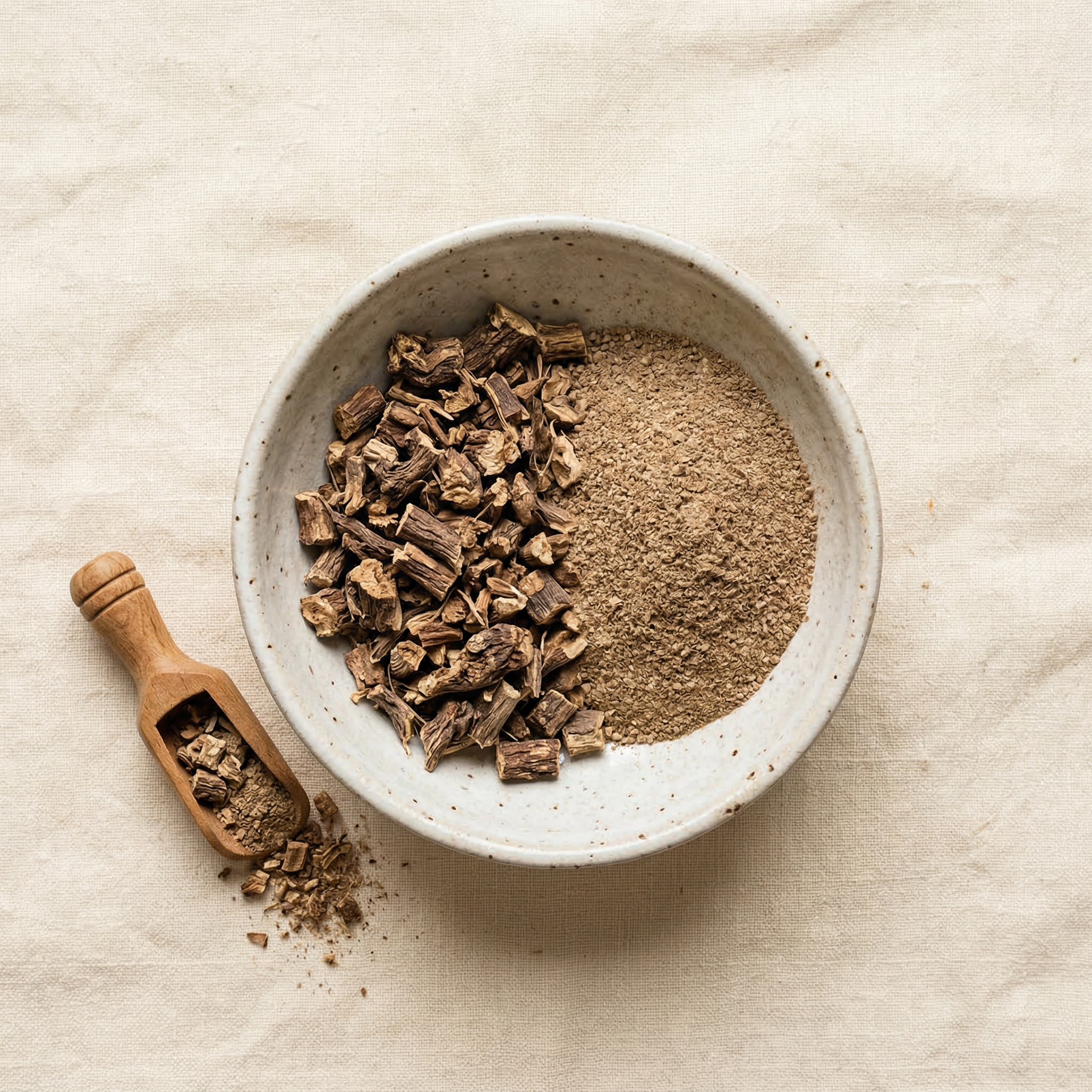 Dried valerian root pieces and powder