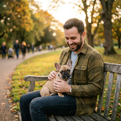 Man at the park with his French bulldog