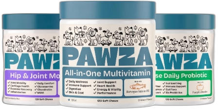 PAWZA Multivitamin, Hip & Joint, and Probiotic bottles